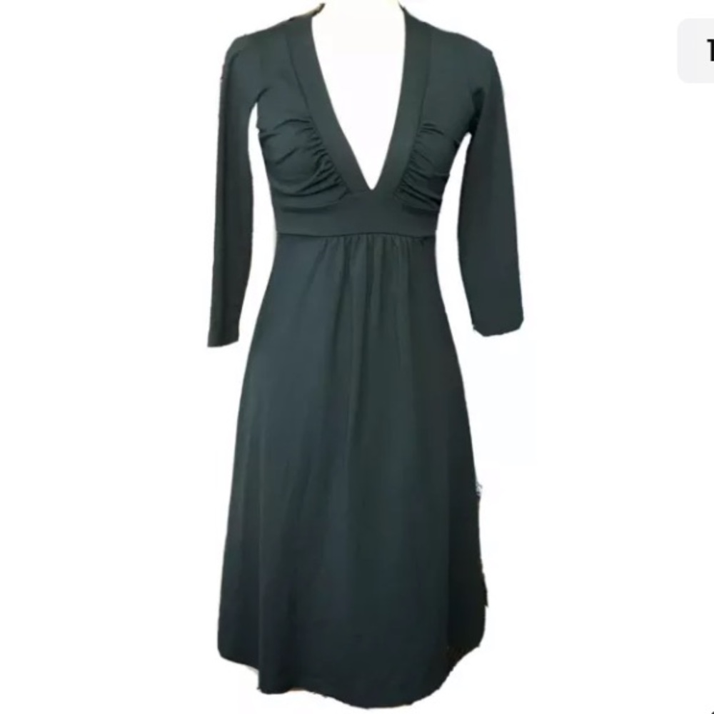 Susana Monaco Green Dress V-Neck Gathered Bodice Stretch 3/4 Sleeves Size Small